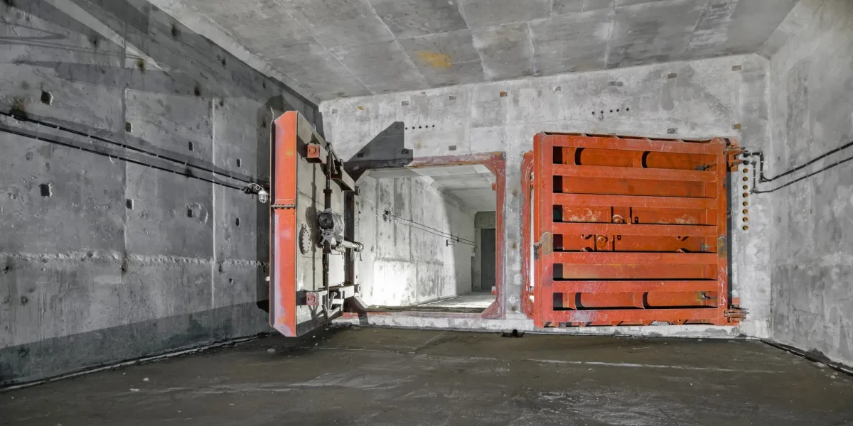 Concrete room underground with a ladder to the surface from which the light comes