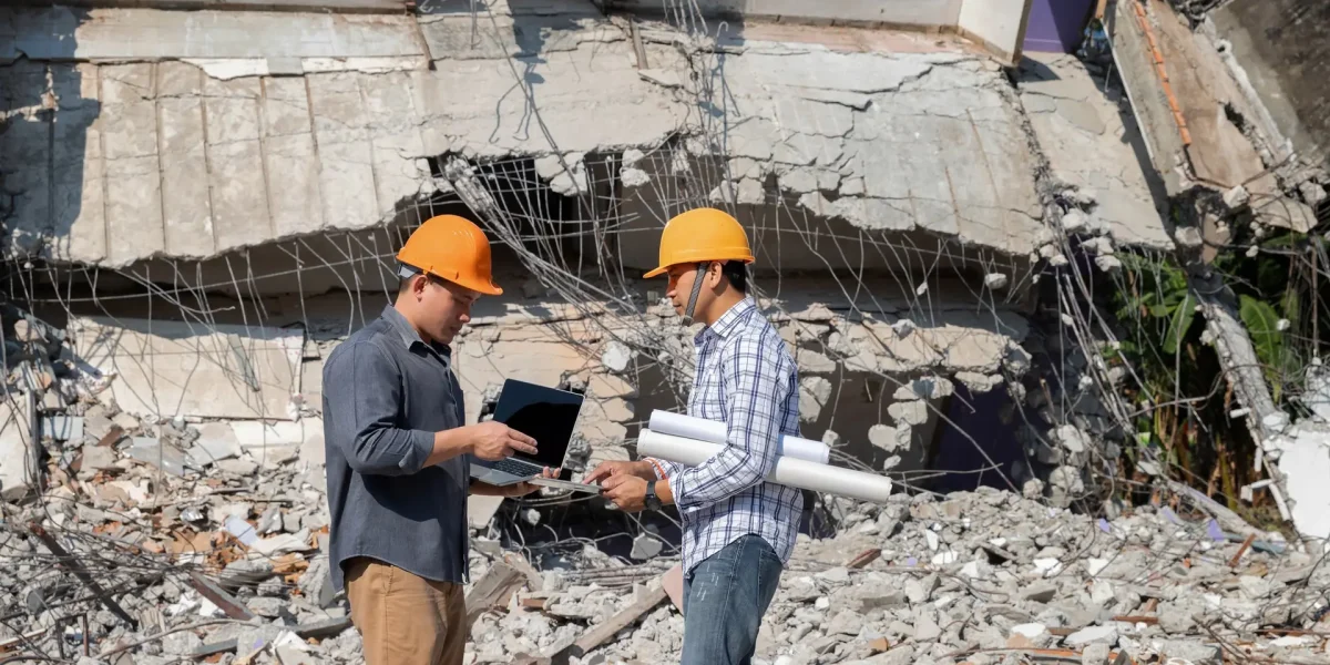 Demolition control supervisor and contractor discussing on demolish building.