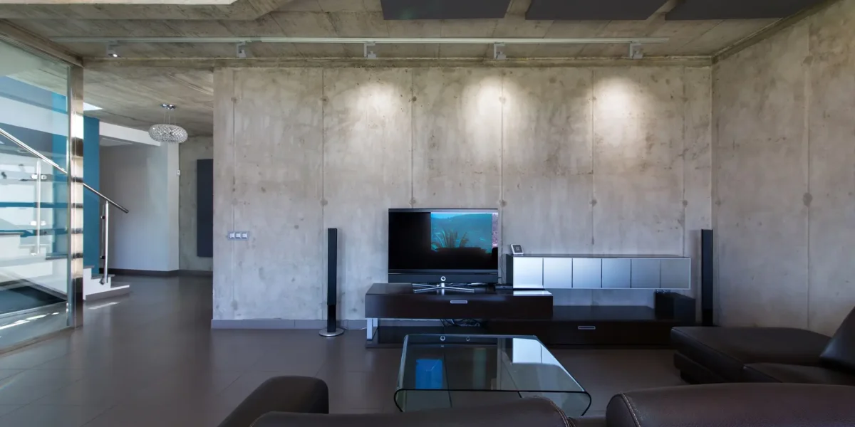 Living room in interior of modern concrete house.