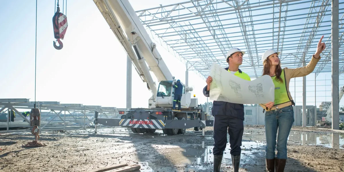 Site manager and architect checking blueprint on construction site